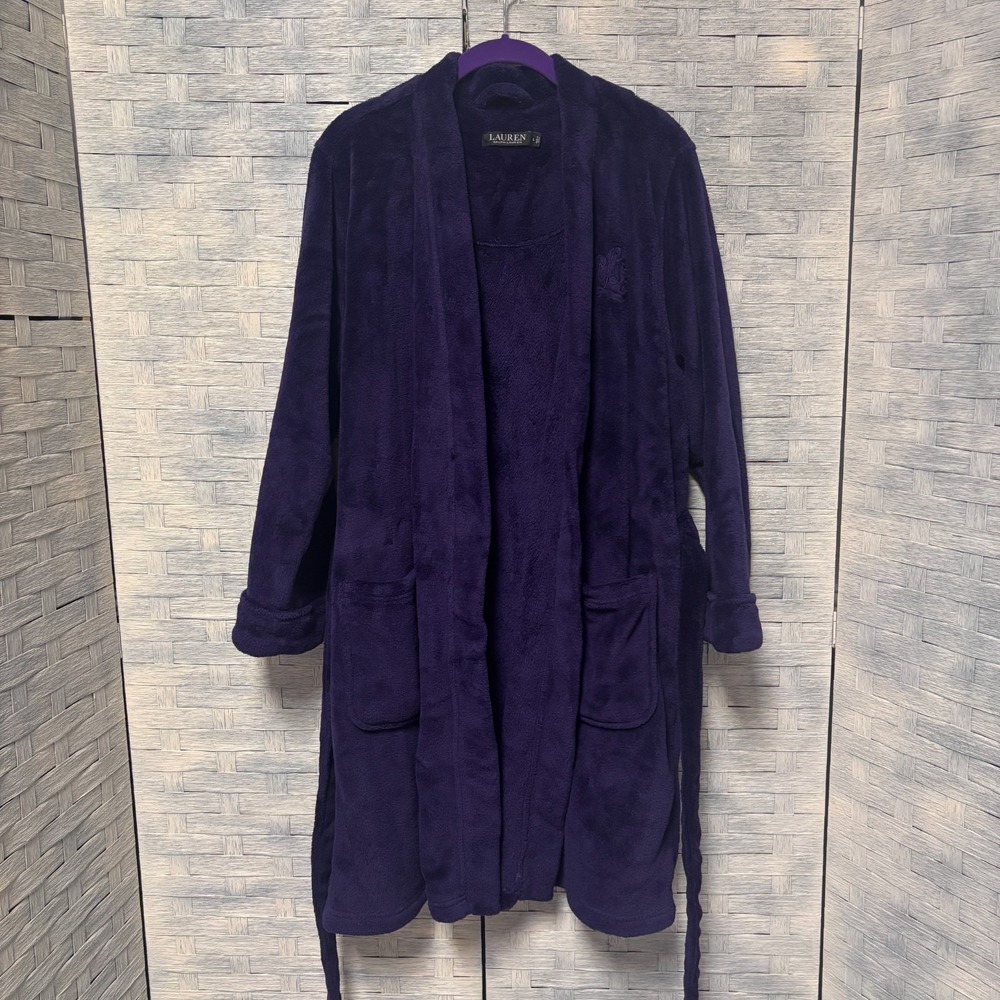 Lauren Ralph Lauren L Purple Plush Fleece Bathrobe Shawl Collar Monogram - Picture 2 of 5
